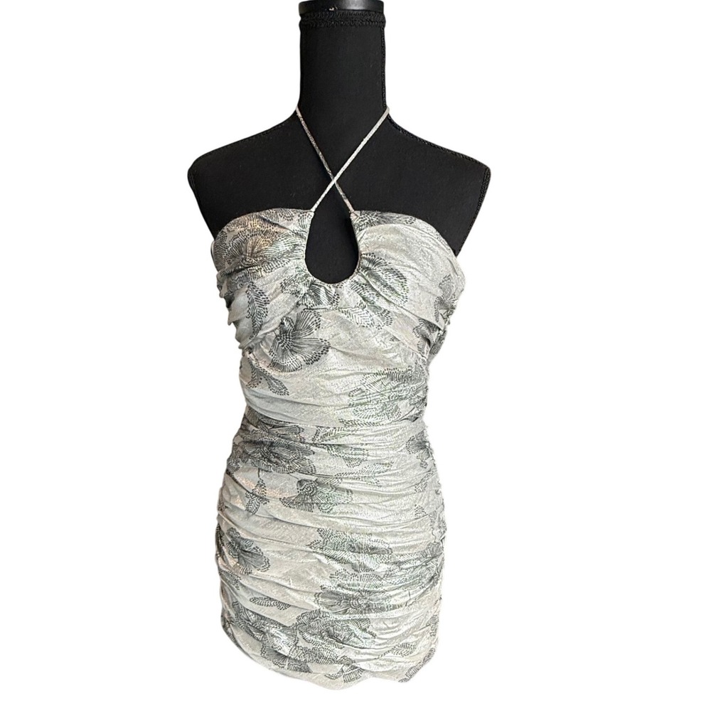 ZARA Metallic Floral Butterfly Ruched Halter Mini Dress Silver XS